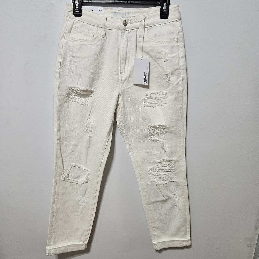 NWT Vervet Women's Emma Denim Distressed Frayed Mom Jeans White Size 26 B22